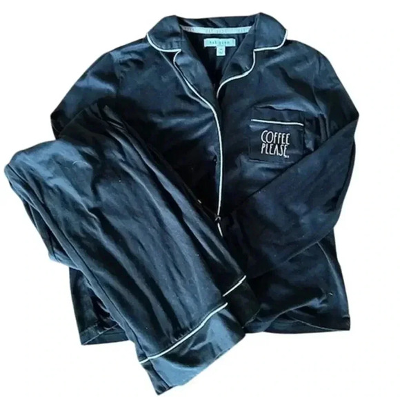 Rae Dunn "Coffee Please" Black Long Sleeve  Embroidered Pajama Set, size Small - Picture 1 of 7